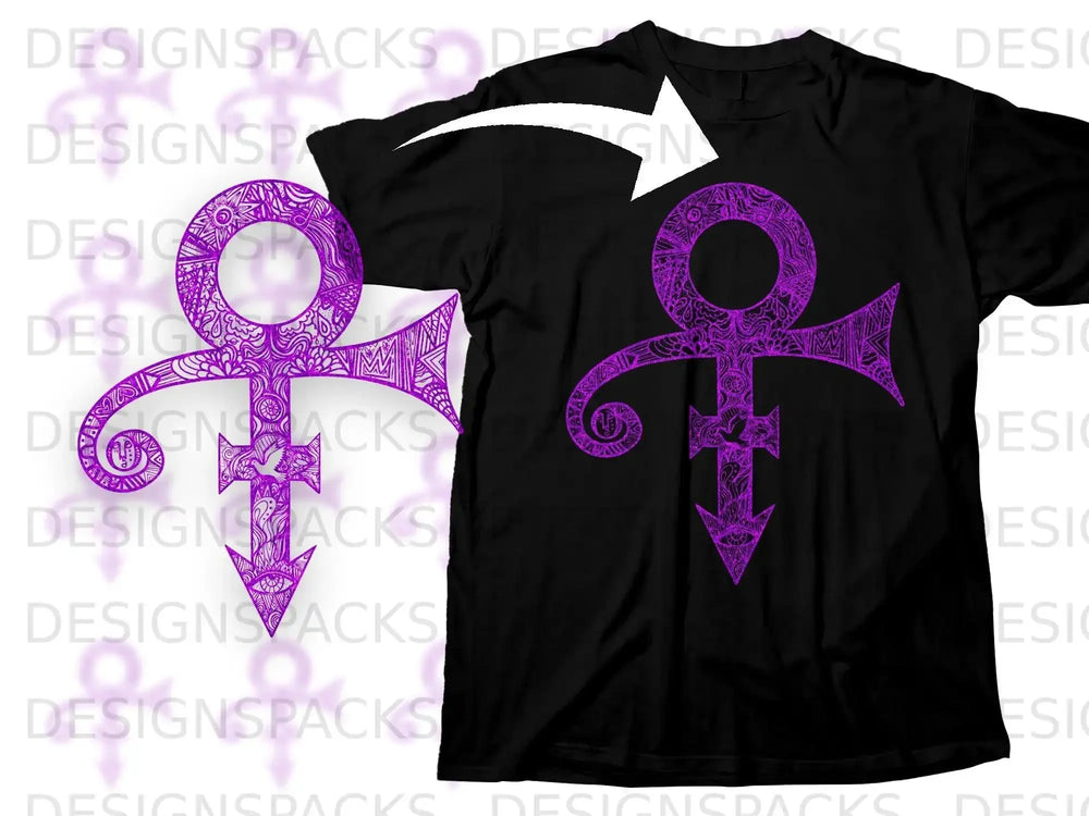 Black t-shirt with a purple Prince symbol design.