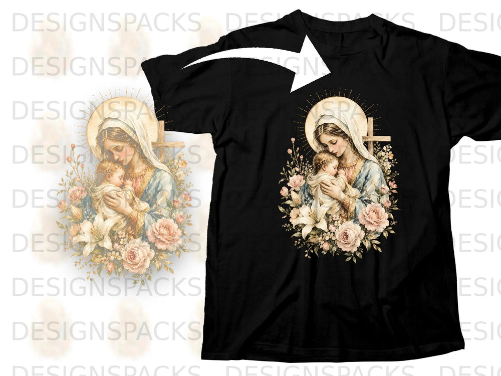 Virgin Mary holding baby Jesus with halo and cross, surrounded by flowers.