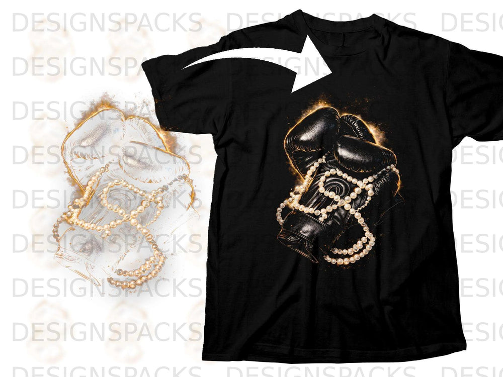 Black t-shirt featuring a graphic of boxing gloves with pearls and a golden glow.