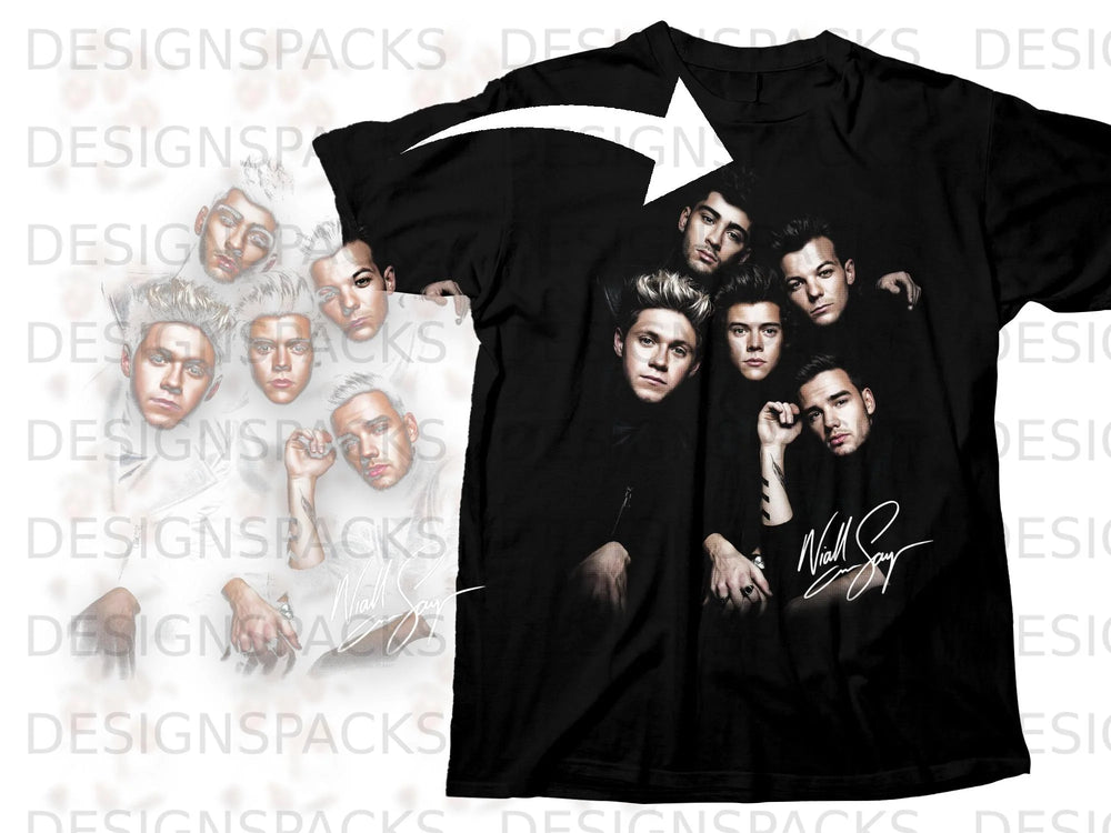 Black t-shirt with One Direction band members' portraits and signature.