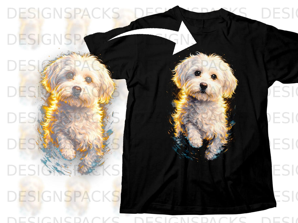 Black t-shirt featuring a fluffy white dog illustration with golden accents.