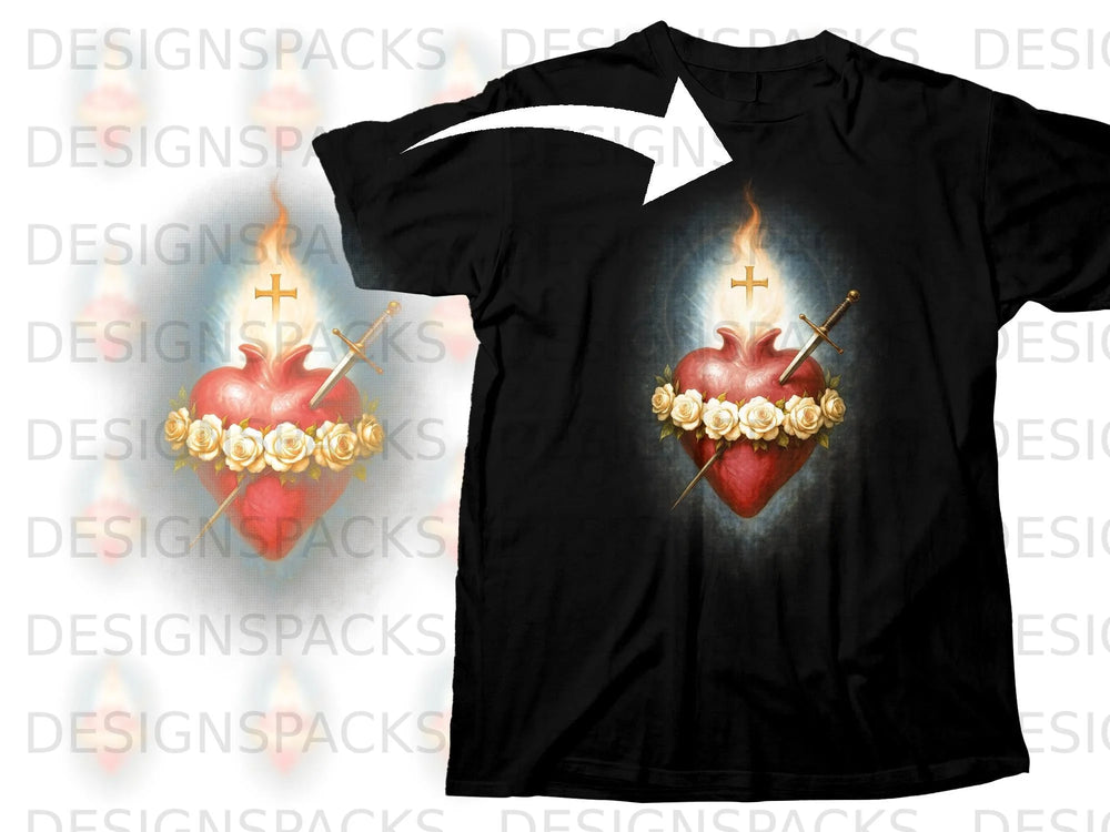 Black t-shirt with Sacred Heart design, crowned with roses and pierced by a sword.