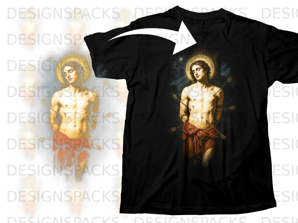 Black t-shirt featuring painting of Saint Sebastian pierced by arrows.
