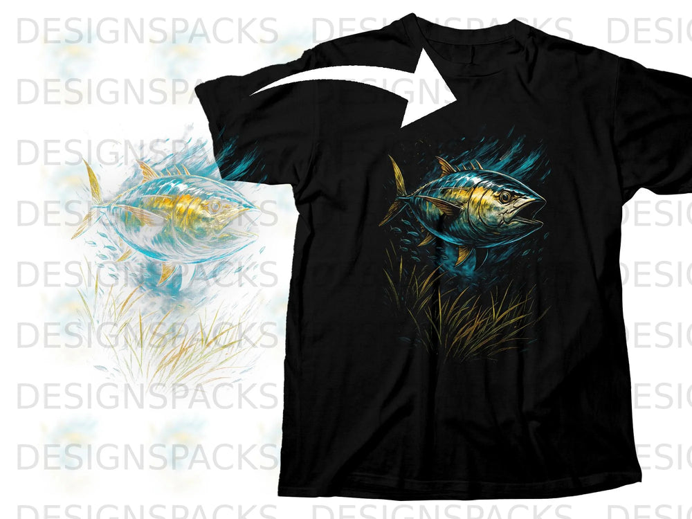 Black t-shirt with a detailed graphic of a tuna fish swimming.