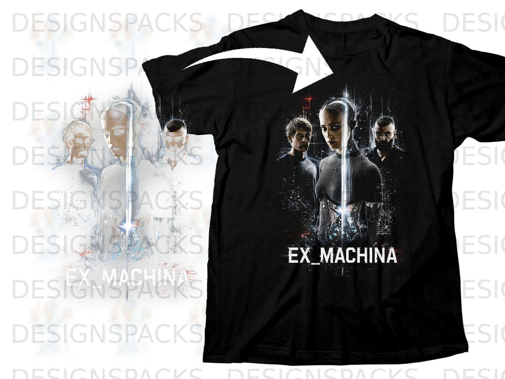 Black t-shirt with "EX MACHINA" title and characters from the film.