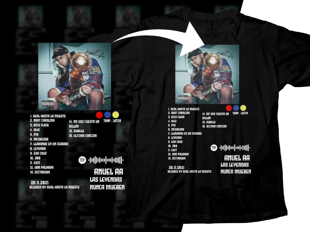 Anuel AA 'Las Leyendas Nunca Mueren' album art t-shirt design, print-ready for DTF/DTG, featuring tracklist and Spotify code.