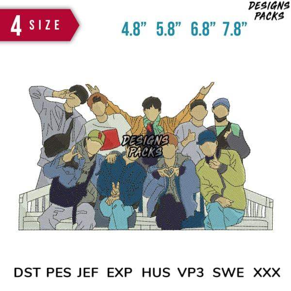 Embroidery design of group posing on bench, 4 sizes, DST PES JEF formats, print-ready for apparel