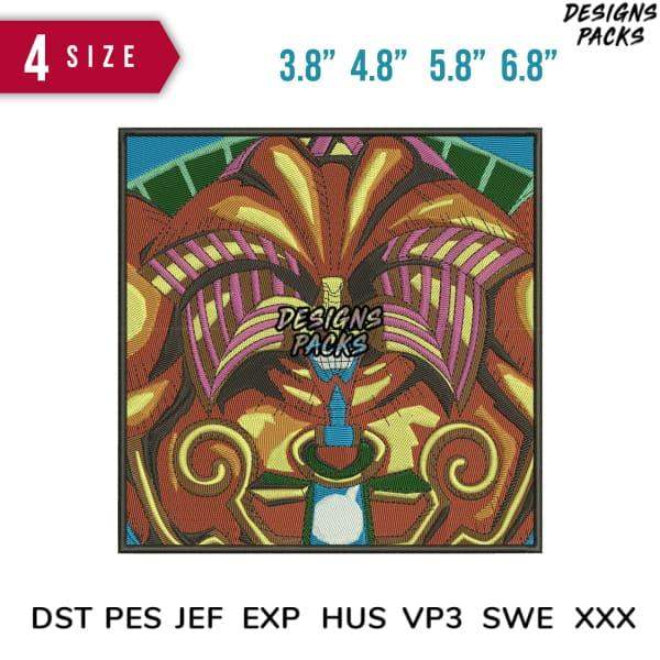Vibrant tiki mask embroidery design in 4 sizes, compatible with DST PES JEF formats for instant download.