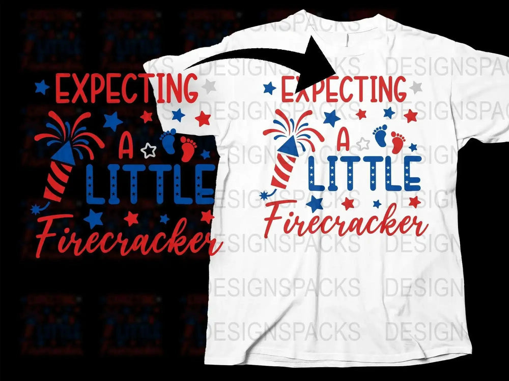 Expecting A Little Firecracker Pregnancy Announcement T-Shirt, 4th of July Maternity Tee, Patriotic Baby Reveal, Red White and Blue, Stars