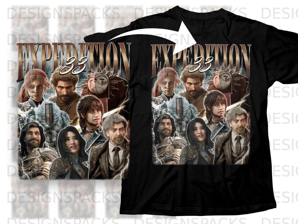 Expedition 33 graphic with multiple characters on a black t-shirt.