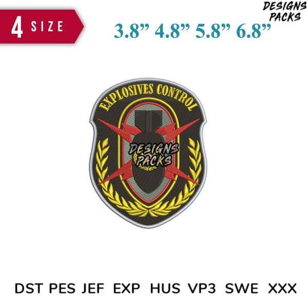 Explosives Control embroidery design in 4 sizes, print-ready DST PES JEF formats for instant download