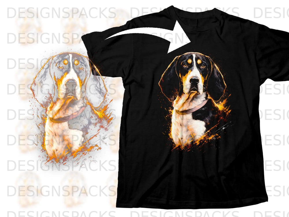 Black t-shirt featuring a watercolor painting of a black and tan hound dog.