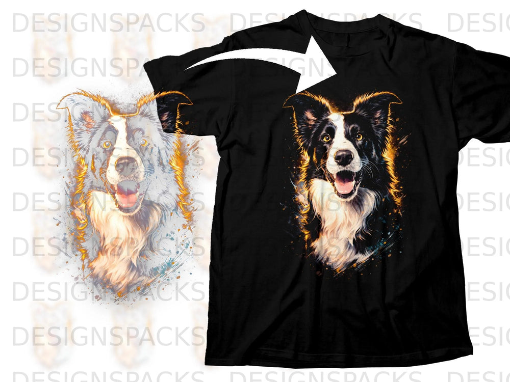 Black t-shirt featuring a vibrant watercolor-style portrait of a border collie.