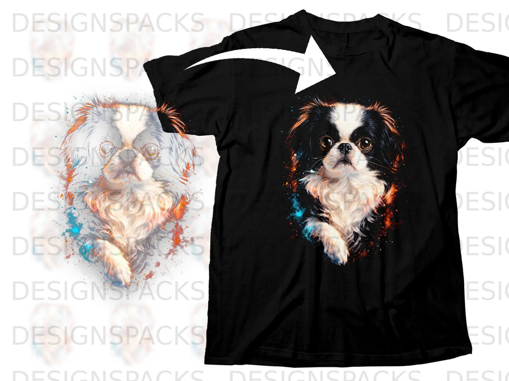 Black t-shirt featuring a colorful watercolor painting of a Japanese Chin dog.