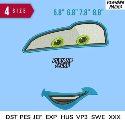 Embroidery design of car eyes and smile, 4 sizes, DST PES JEF formats, print-ready for apparel
