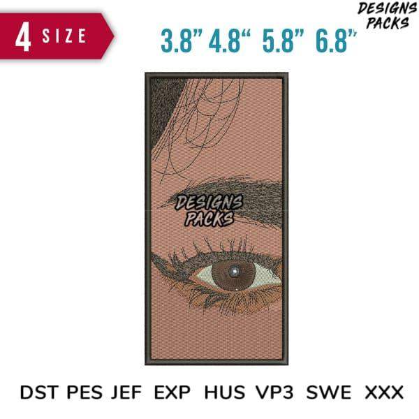 Embroidery design of a detailed eye with Designs Packs text, available in multiple sizes and formats.