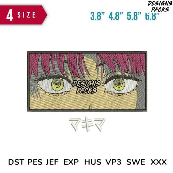 Anime-style embroidery design with pink hair, green eyes, and Japanese text, available in multiple sizes and formats.