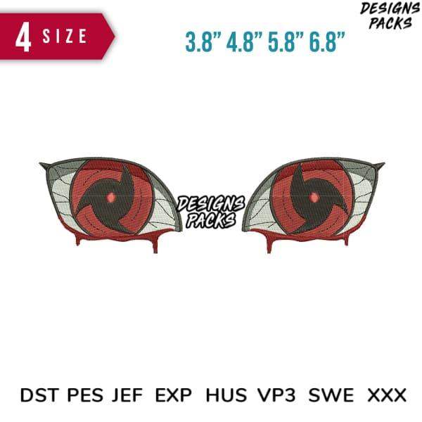 Anime Sharingan eye embroidery design in 4 sizes, print-ready PES DST formats for custom apparel