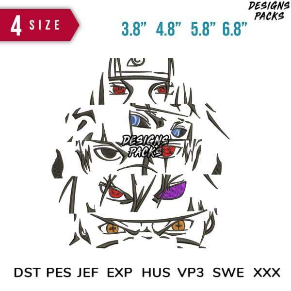 Naruto anime eyes embroidery design in 4 sizes, DST PES formats, print-ready for DTG & DTF
