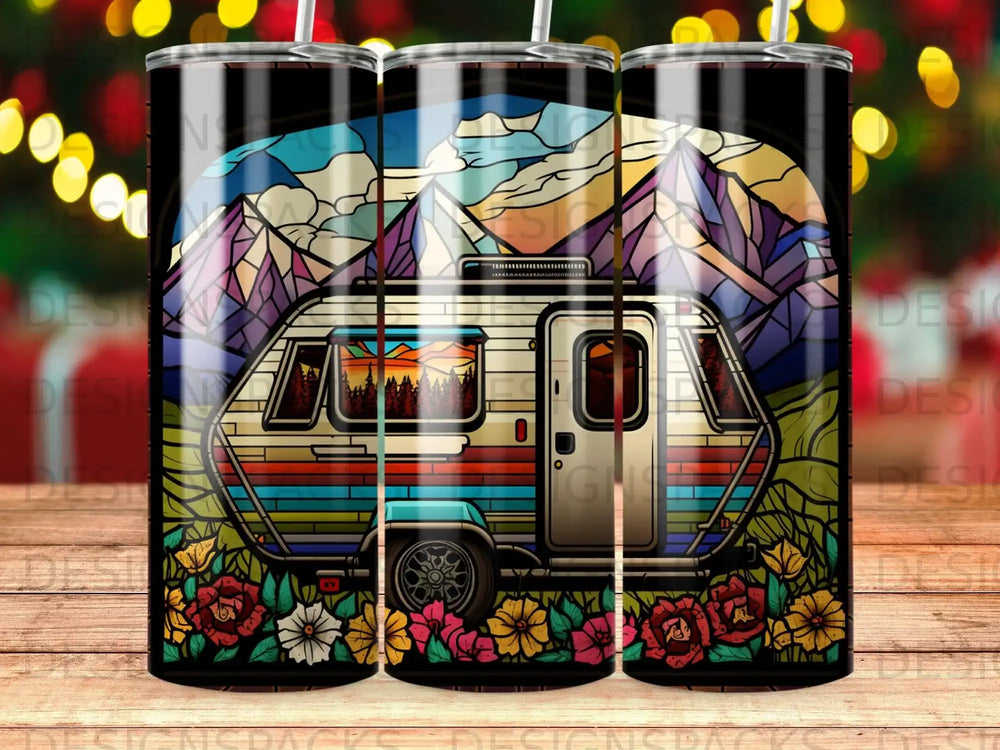 Colorful stained glass camper van surrounded by mountains and flowers.