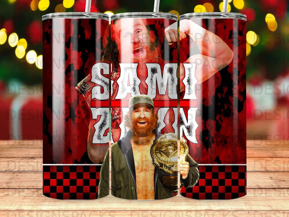 Wrestler Sami Zayn holding a championship belt, with a distressed background.