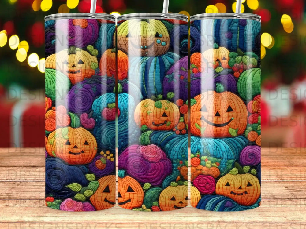 Three tumblers with a Halloween pumpkin and yarn design.