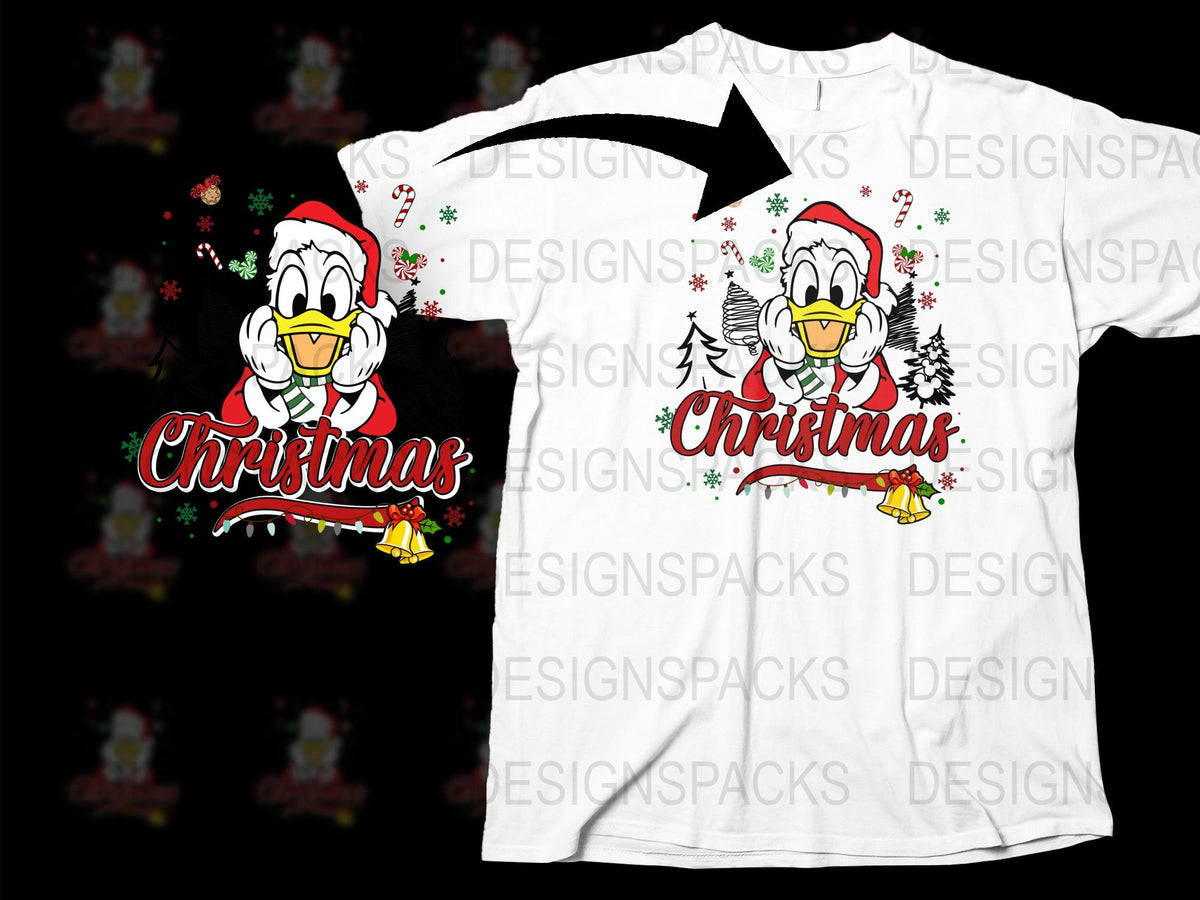 Christmas T-Shirt with Cartoon Duck, Festive Holiday Apparel, Snowy Graphics, Unisex Tee