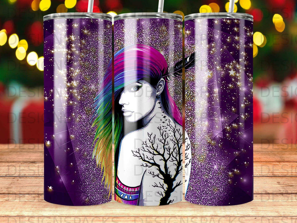 Woman with colorful hair and tree tattoo on tumbler.