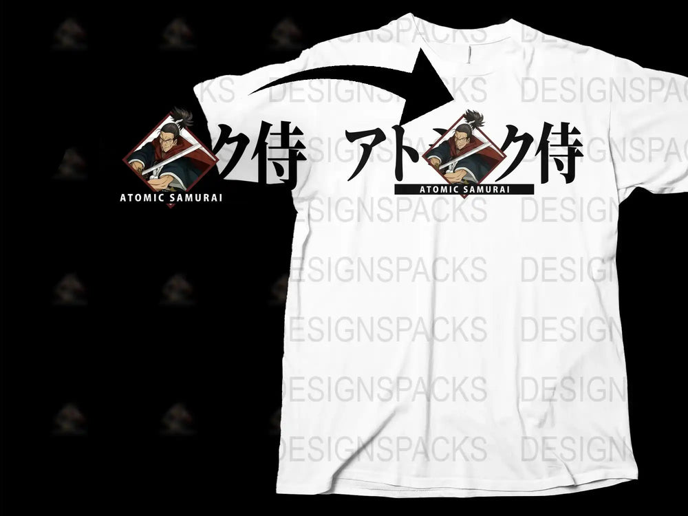 Atomic Samurai Anime Graphic T-Shirt, Japanese Kanji Text, Cool Samurai Warrior Design, Unisex Manga Tee
