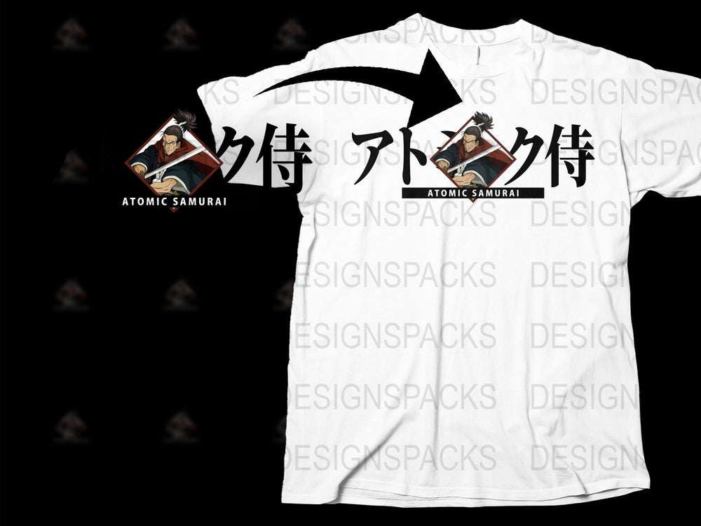 Atomic Samurai Anime Graphic T-Shirt, Japanese Kanji Text, Cool Samurai Warrior Design, Unisex Manga Tee
