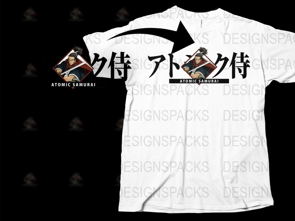 Atomic Samurai Anime Graphic T-Shirt, Japanese Kanji Text, Cool Samurai Warrior Design, Unisex Manga Tee