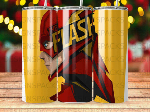 The Flash logo and character design on a tumbler.