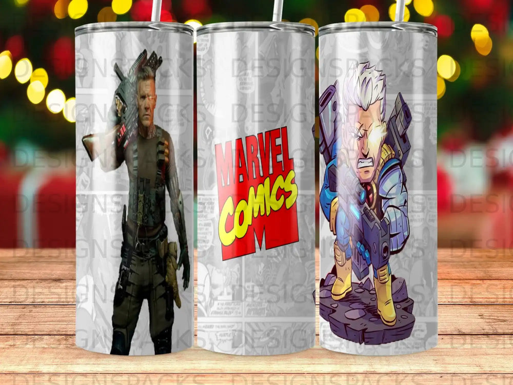 Cable from Marvel Comics on a tumbler design, with comic book panels.