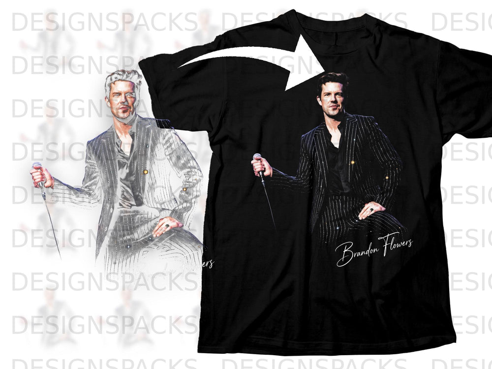 Black t-shirt featuring Brandon Flowers graphic with his signature.