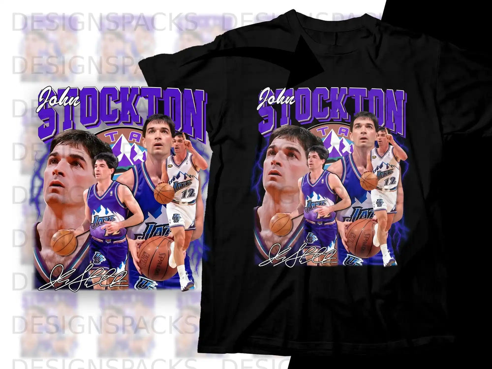 John Stockton and Jazz teammates on a black t-shirt.
