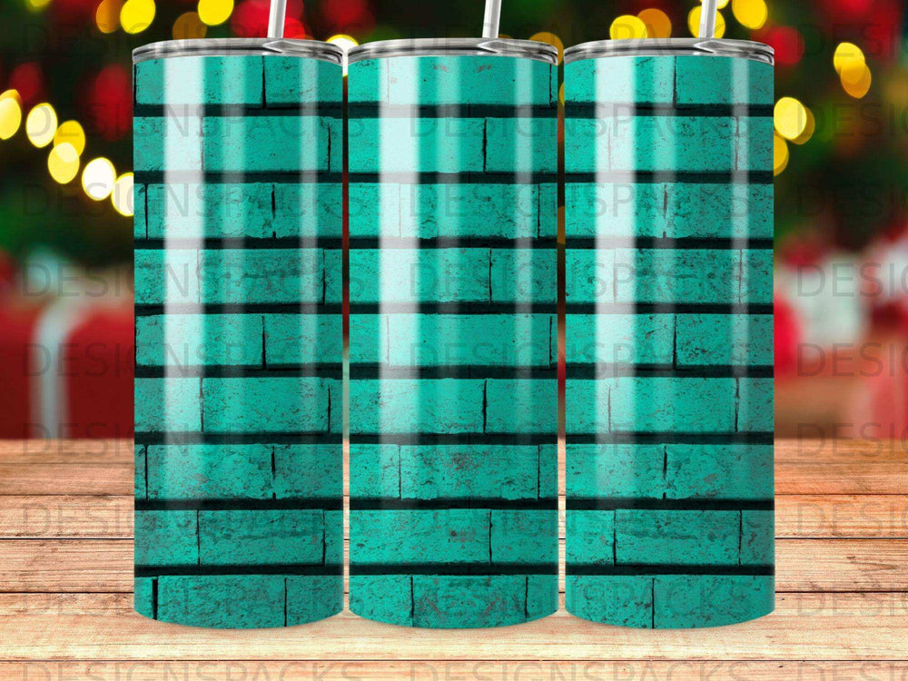 Teal brick pattern tumbler with straw, for sublimation.