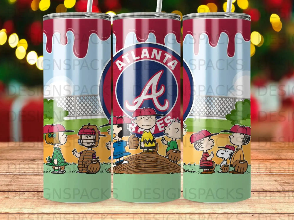Atlanta Braves baseball logo with Peanuts characters on a tumbler.