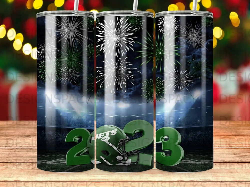 New York Jets helmet and "2023" against fireworks and stadium background.
