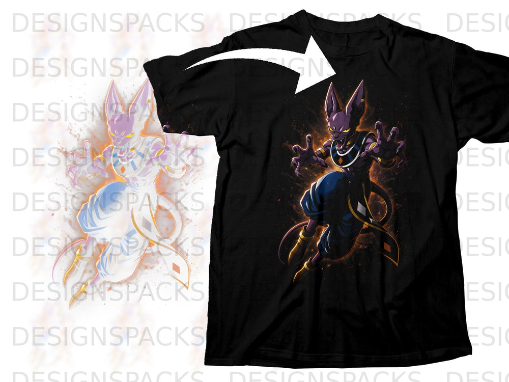 Black t-shirt with an anime character illustration of Beerus in a battle stance.
