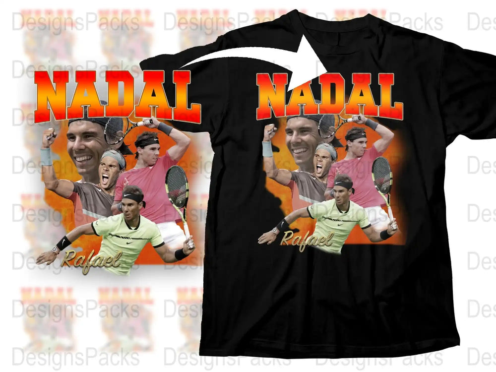 Rafael Nadal Tennis Legend Graphic T-Shirt, Sports Fan Gift, Athletic Apparel, Men's Fashion Tee, Vibrant Orange Design.