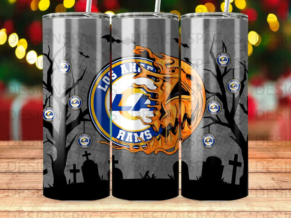 Los Angeles Rams Halloween tumbler with skulls and bats on a dark background.
