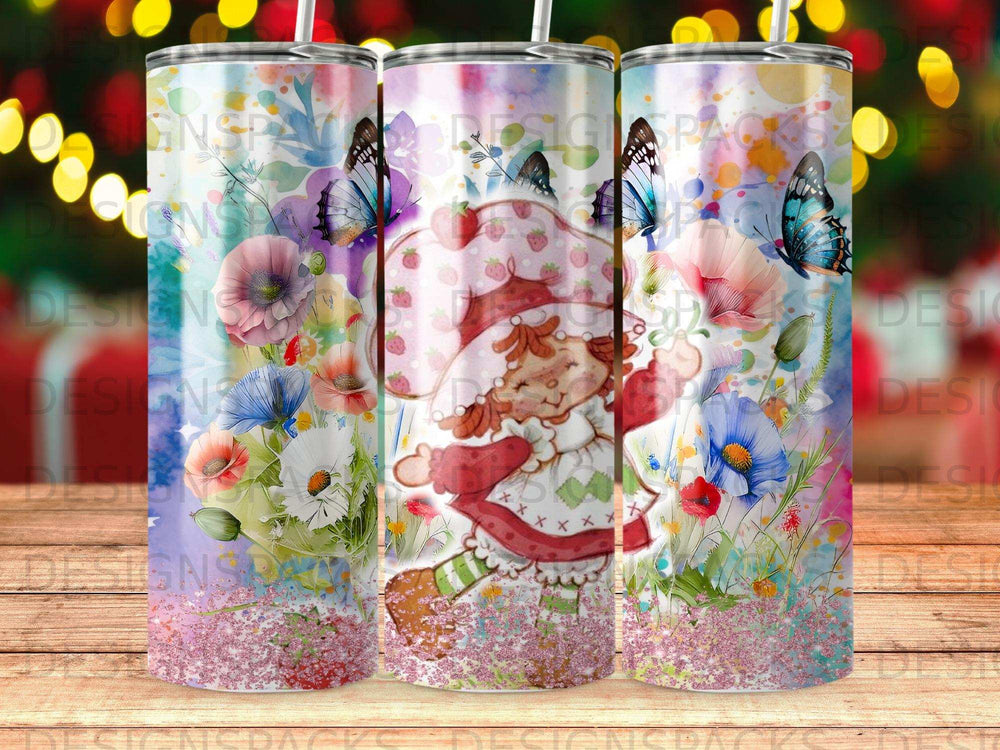 Strawberry Shortcake tumbler with floral and butterfly accents.