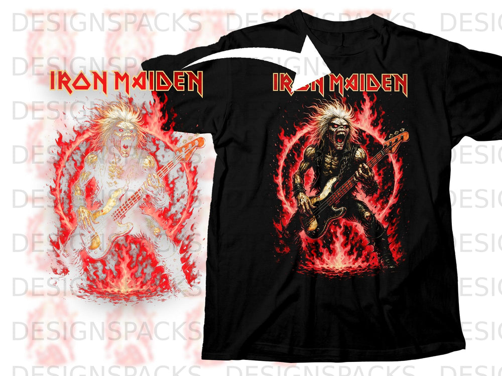 Black t-shirt with Iron Maiden logo and Eddie playing bass guitar surrounded by flames.