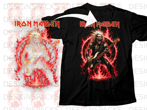 Black t-shirt with Iron Maiden logo and Eddie playing bass guitar surrounded by flames.