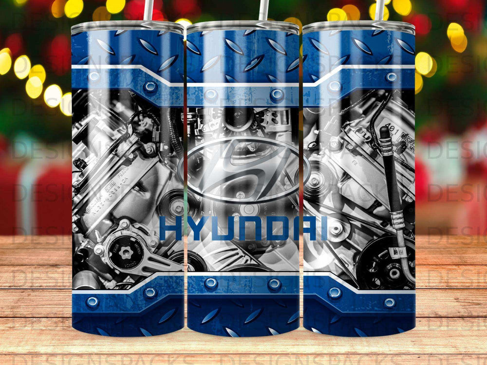 Tumbler featuring Hyundai engine parts with a blue diamond plate design.