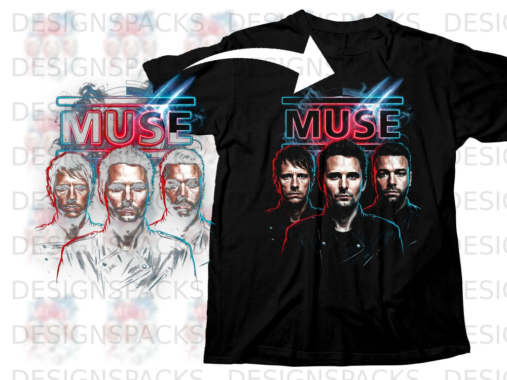 Black t-shirt featuring the band Muse with neon lighting and a sketch overlay.