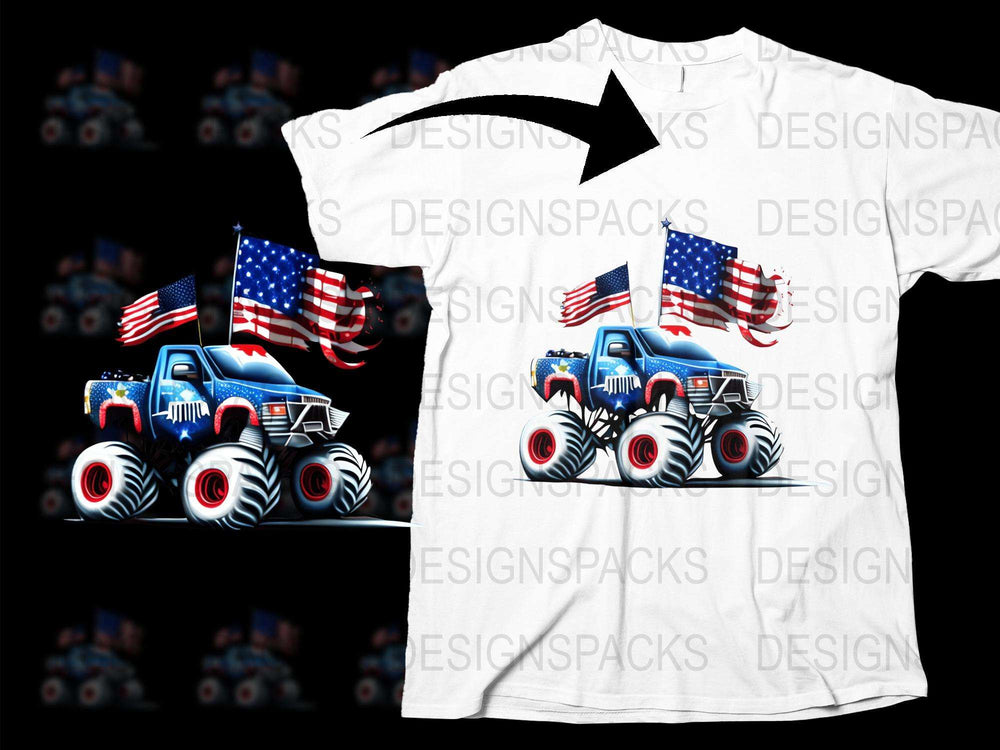 Patriotic Monster Truck T-Shirt with American Flags, Cool 4th of July Apparel, Unisex White Tee