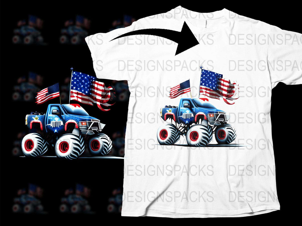 Patriotic Monster Truck T-Shirt with American Flags, Cool 4th of July Apparel, Unisex White Tee