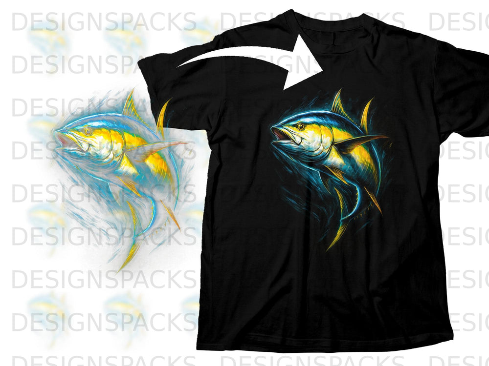 Black t-shirt with a vibrant graphic of a yellowfin tuna with blue accents.