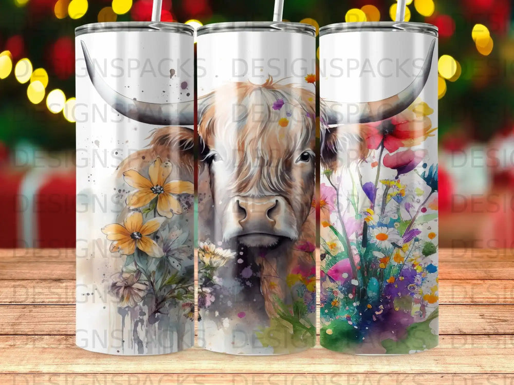 Highland cow with colorful watercolor flowers.